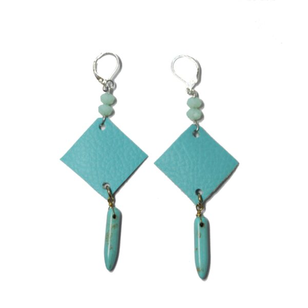 Boucles d'oreilles carrées issues 100 % chutes de simili cuir bleu turquoise et de perles issues de bijoux cassés