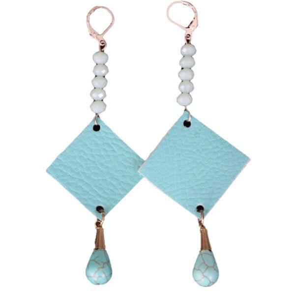 Boucles d'oreilles fabriquées à partir de bijoux cassés. Pierres goutte de turquoise montées avec des carrés de simili cuir bleu ciel et perles à facettes synthétiques bleu ciel.